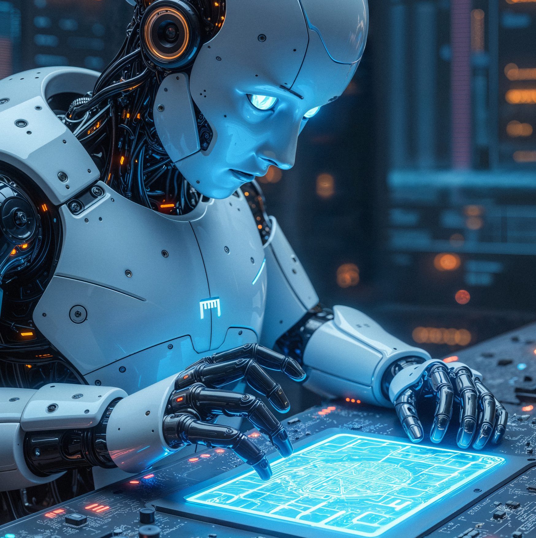 futuristic robot working digital interface