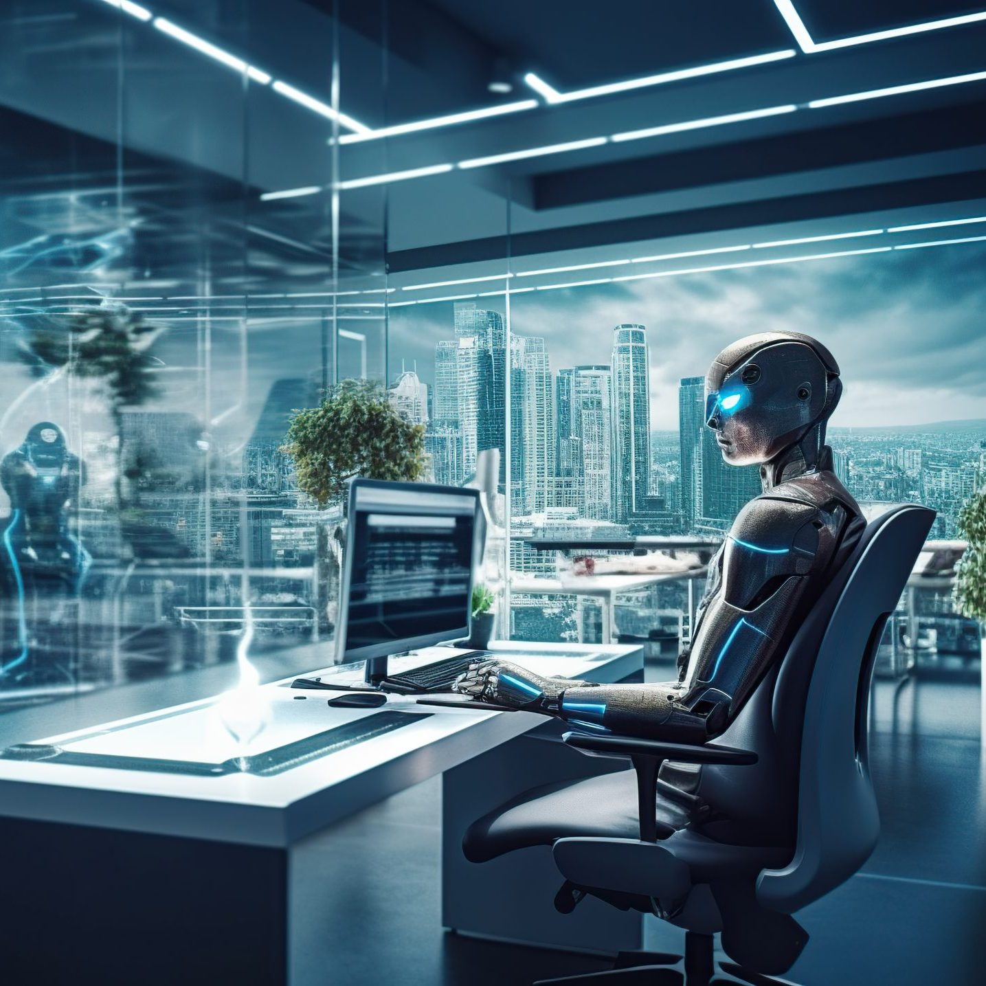 a robot working in a modern office with real people. generative ai